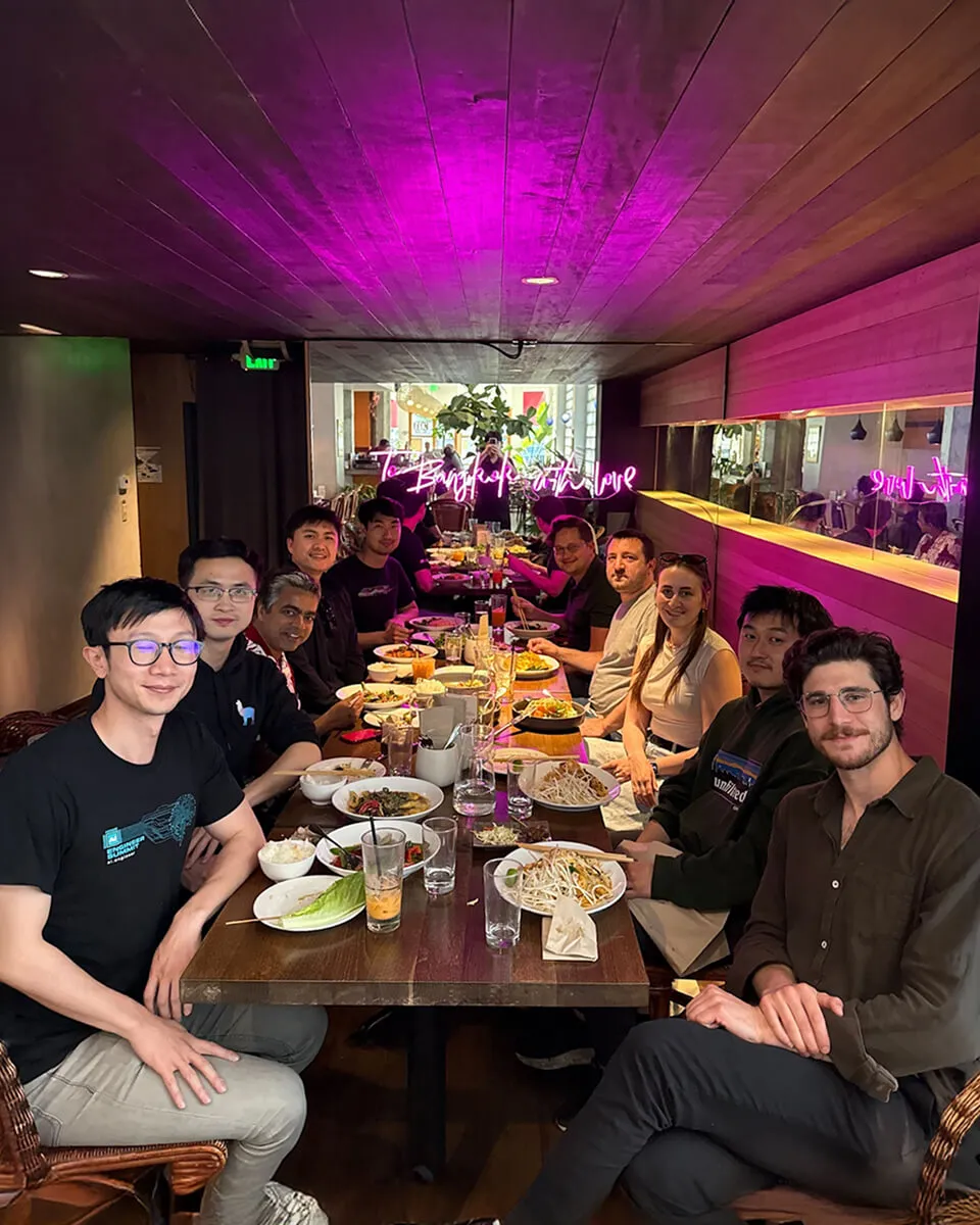 LlamaIndex team eating dinner together in a restaurant