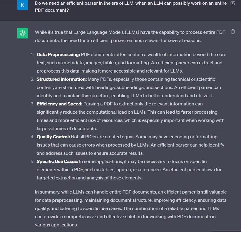 Chat GPT output mentioning the necessity of an efficient parser