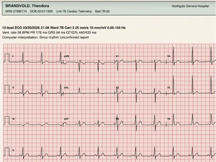 Twelve-lead trace on pink millimetre grid under a patient header.