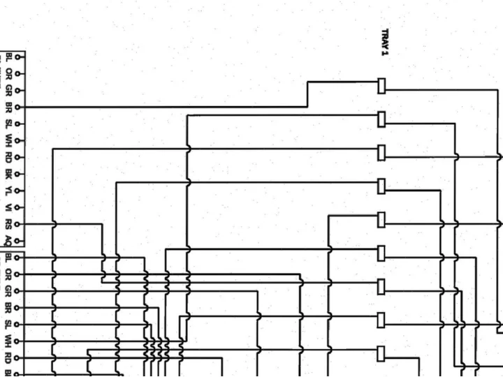 Heavy fax-thresholded routing between labelled fibre colour codes (BL, OR, GR...) and splice trays.