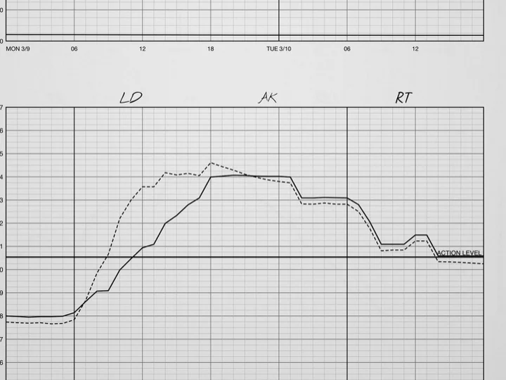Solid and dashed pool traces against a horizontal action level; handwritten operator initials above.