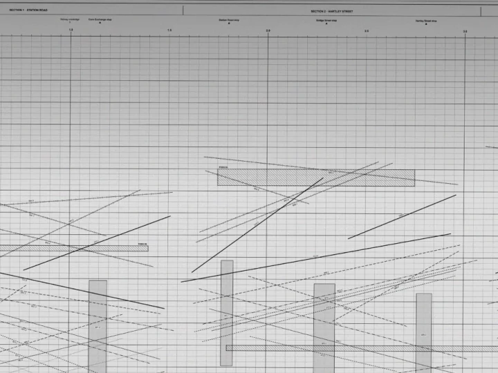 Sloped activity lines over chainage and week rulers with grey possession blocks.