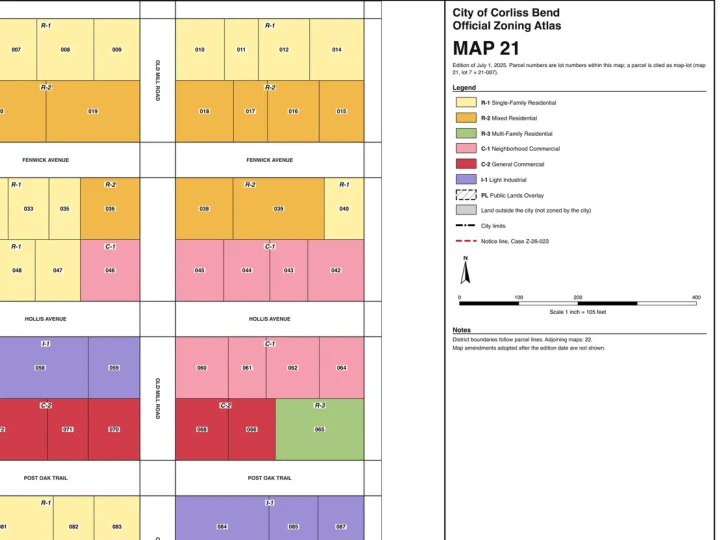 Colour-coded parcels with a legend; zone is a colour, not a word.